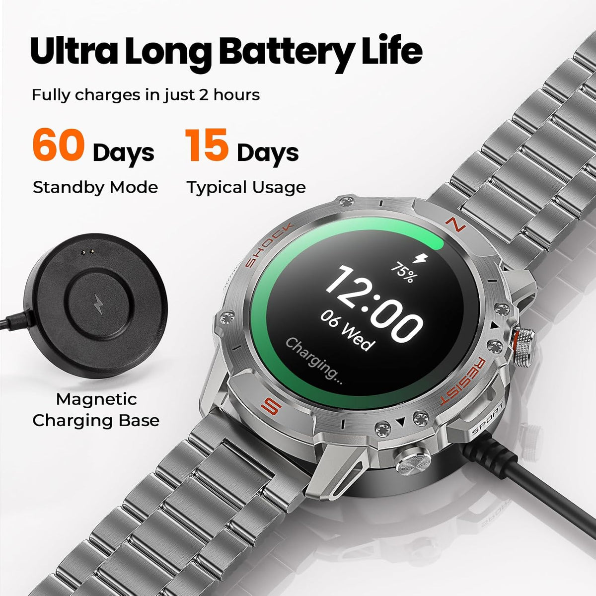 Reloj inteligente plateado para hombre, AMOLED de 1.43 pulgadas