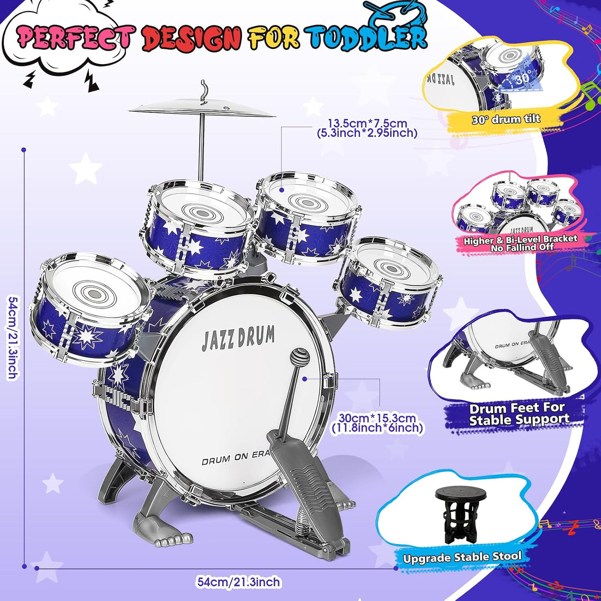 Juego de batería mejorada para niños de 3 a 5 años, kit de batería de jazz con taburete, platillo y pedal de pie, juguetes musicales para niños y niñas, regalos de cumpleaños