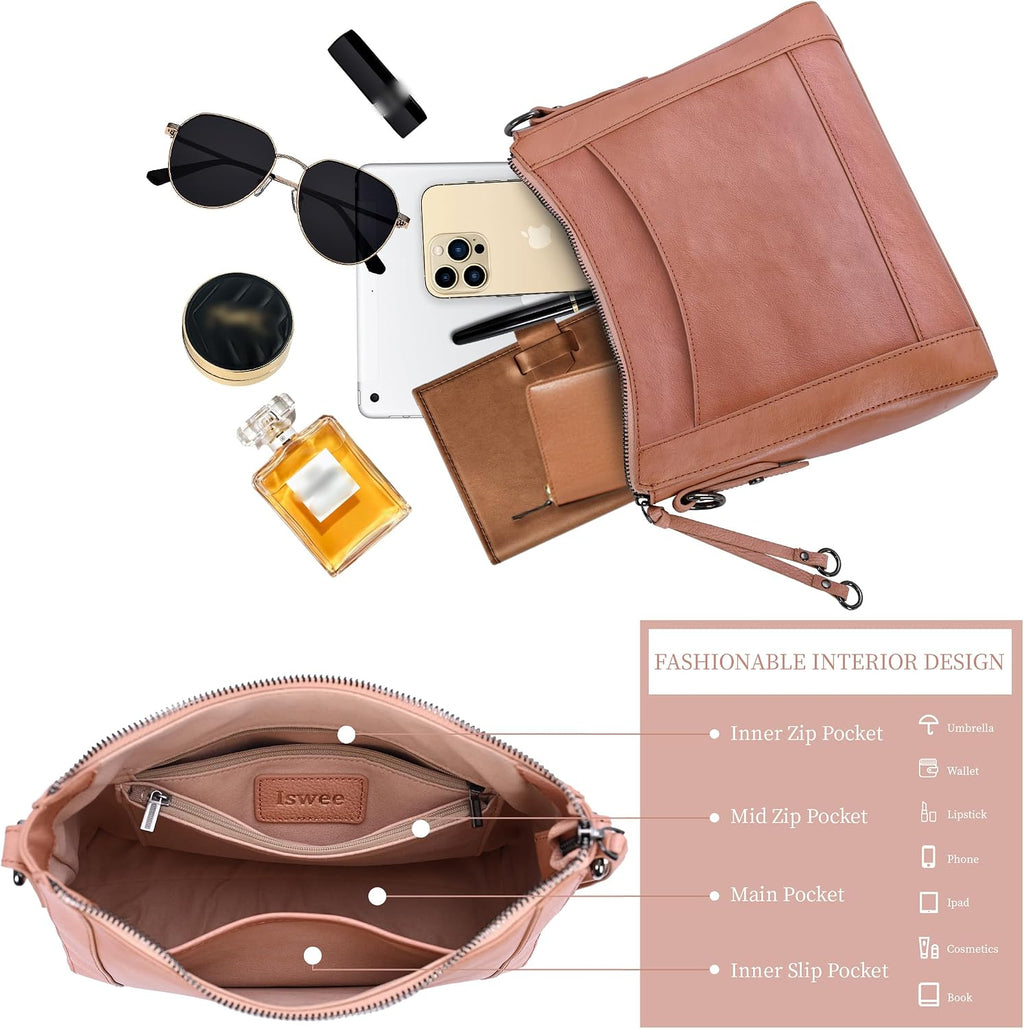Iswee Bolsos cruzados de cuero para mujer, bolso de hombro mediano Hobo de piel auténtica, carteras y bolsos