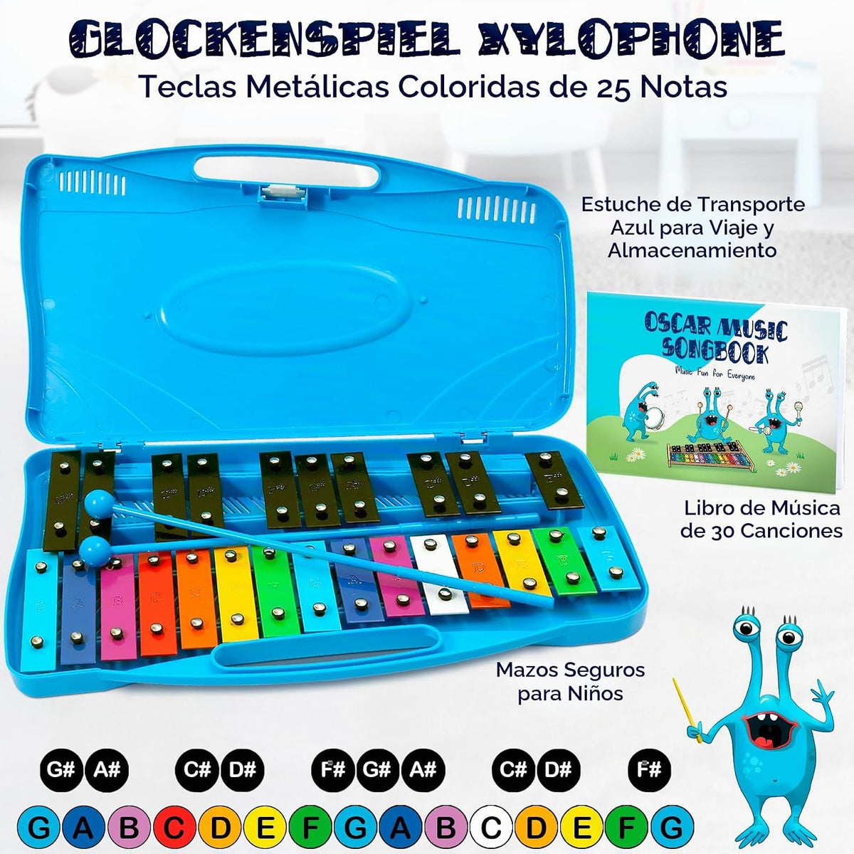 Glockenspiel - Xilófono para niños, colorido, 25 notas con cancionero de 30 canciones