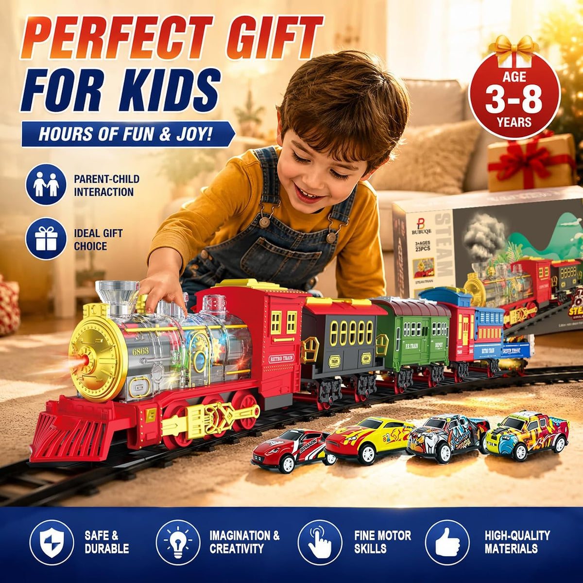 Juego de tren eléctrico de Navidad para niños con humo, luces y sonido (encendido/apagado) tren debajo del árbol de Navidad, trenes modelo para niños pequeños para niños de 3, 4, 5, 6, 7, 8 años en adelante, regalos para niños