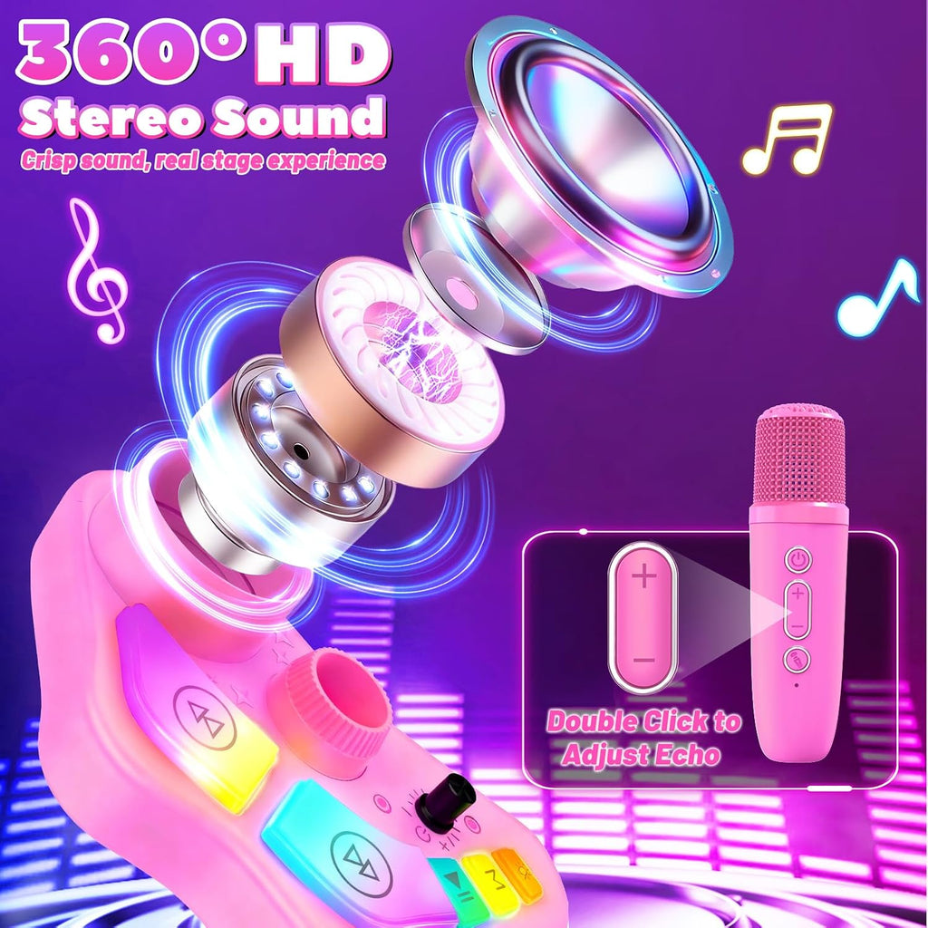 Máquina de karaoke recargable para niños con soporte ajustable, 3-5, 4, 6, 7, 8 años, micrófono inalámbrico, altavoz Bluetooth con 2 micrófonos, regalo de cumpleaños para niñas de 3 a 8 años
