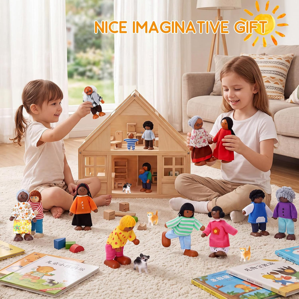 Juego familiar de casa de muñecas de madera de 20 piezas, 16 mini figuras