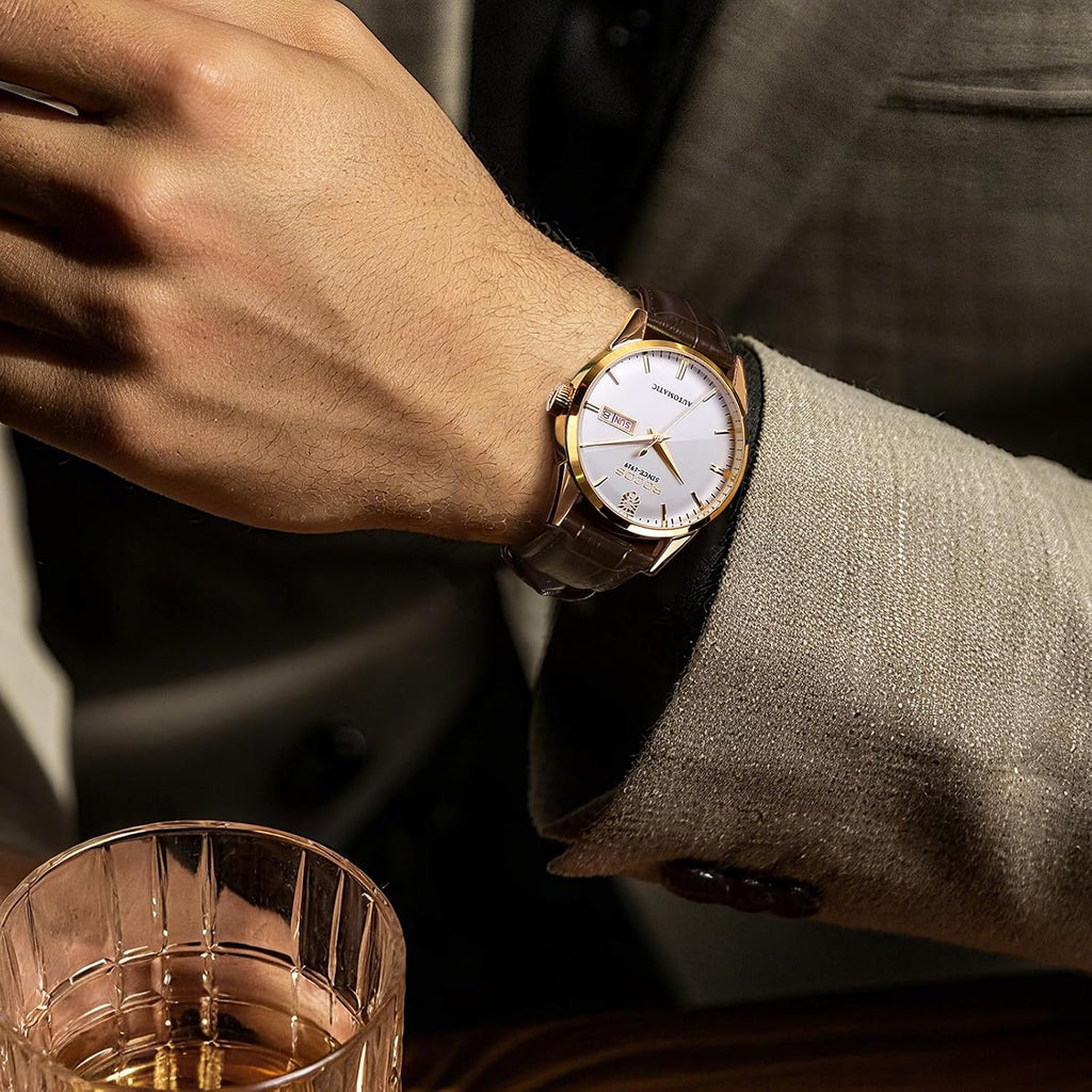 ROCOSJEWE R0101 Reloj Automático Mecánico para Hombre de Lujo Dorado Reloj Clásico Retro Correa de Cuero Marrón Impermeable Regalo para Hombre Moda Negocios