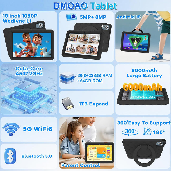 DMOAO Tableta para niños de 10,1 pulgadas Android 15-30 GB RAM+64 G...