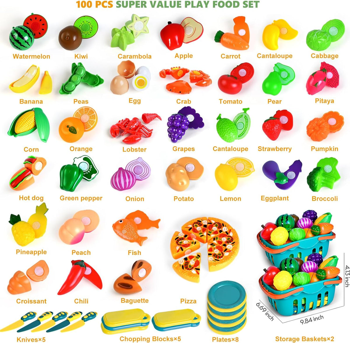 100 piezas de juego de comida de simulación para cocina de niños, juguete de comida falsa para niños pequeños de 1 a 3 años, accesorios de plástico para cortar alimentos/frutas/verduras falsos con 2