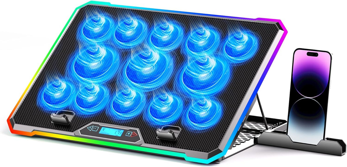Enfriador de laptop para juegos con 13 ventiladores ultra silenciosos, pantalla LCD y RGB multicolor, 10 modos de iluminación, 9 alturas ajustables, puertos USB duales, soporte de teléfono integrado para portátiles de 15 a 21 pulgadas en escritorio o rega