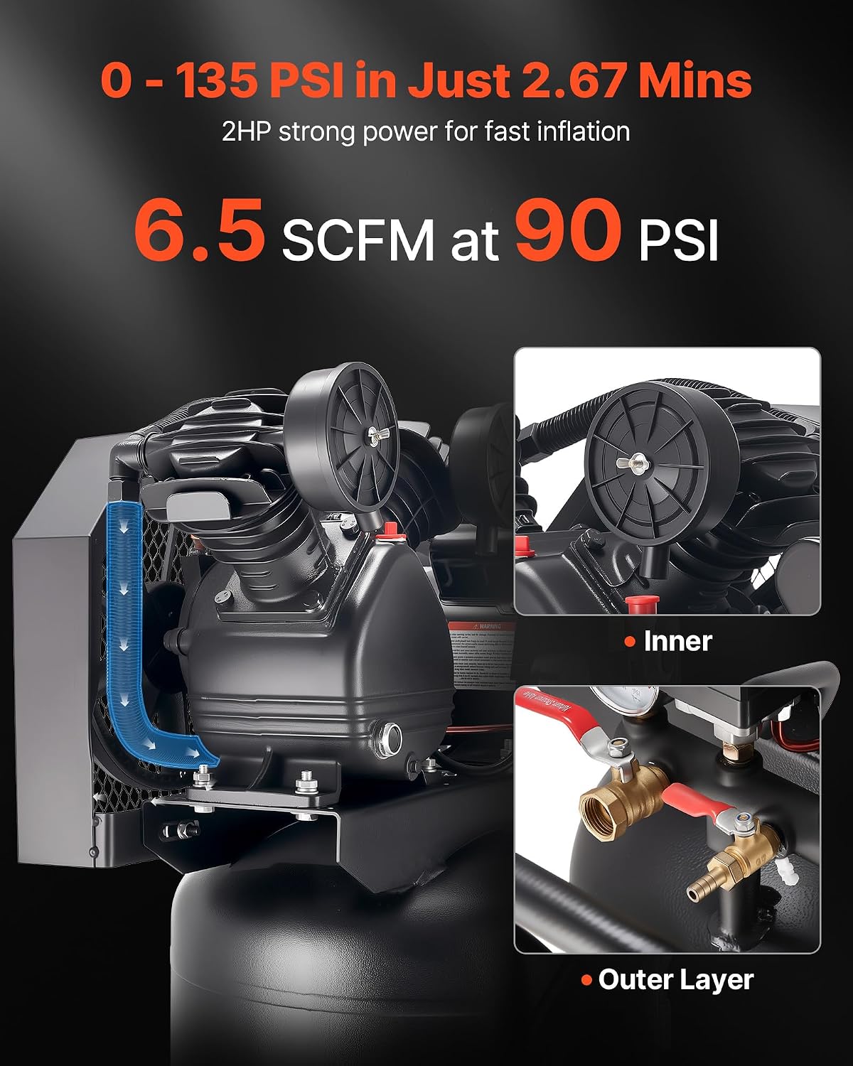 VEVOR Compresor de aire de 20 galones, 2HP 6.5SCFM a 90PSI, tanque...