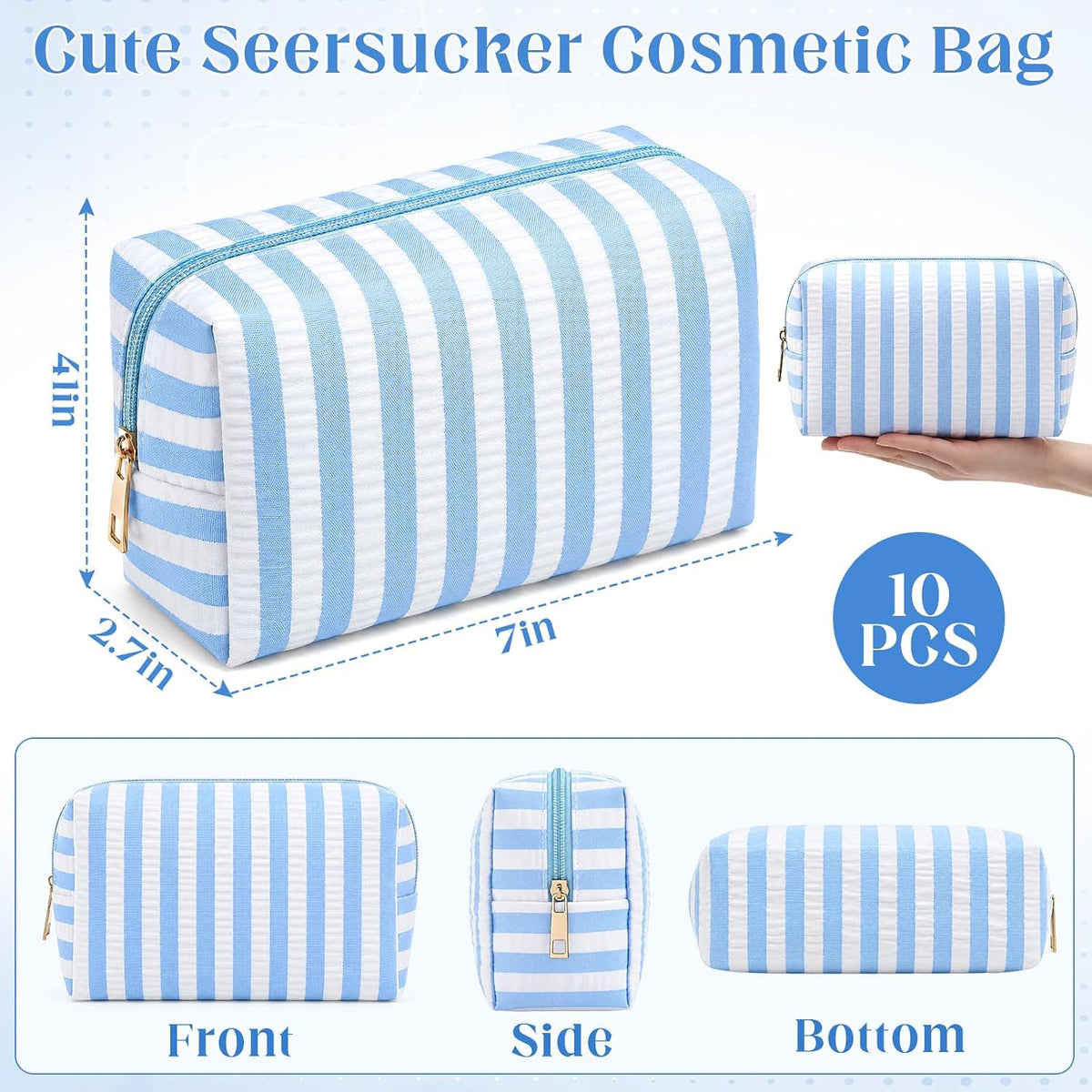 Huhumy Bolsas de maquillaje de sirsaca a granel, bolsa a rayas, Azul claro