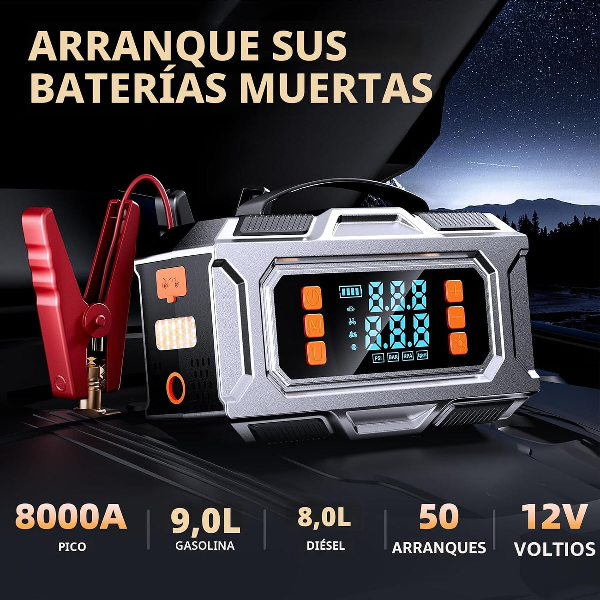 Arrancador 8000A con Compresor de Aire, Inflador de Neumáticos Autoapagado a 180 PSI