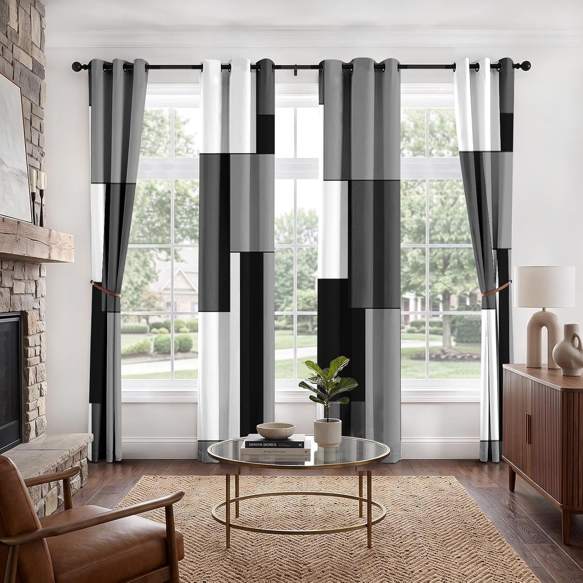 Cortinas opacas de 4 paneles, cortinas geométricas modernas para