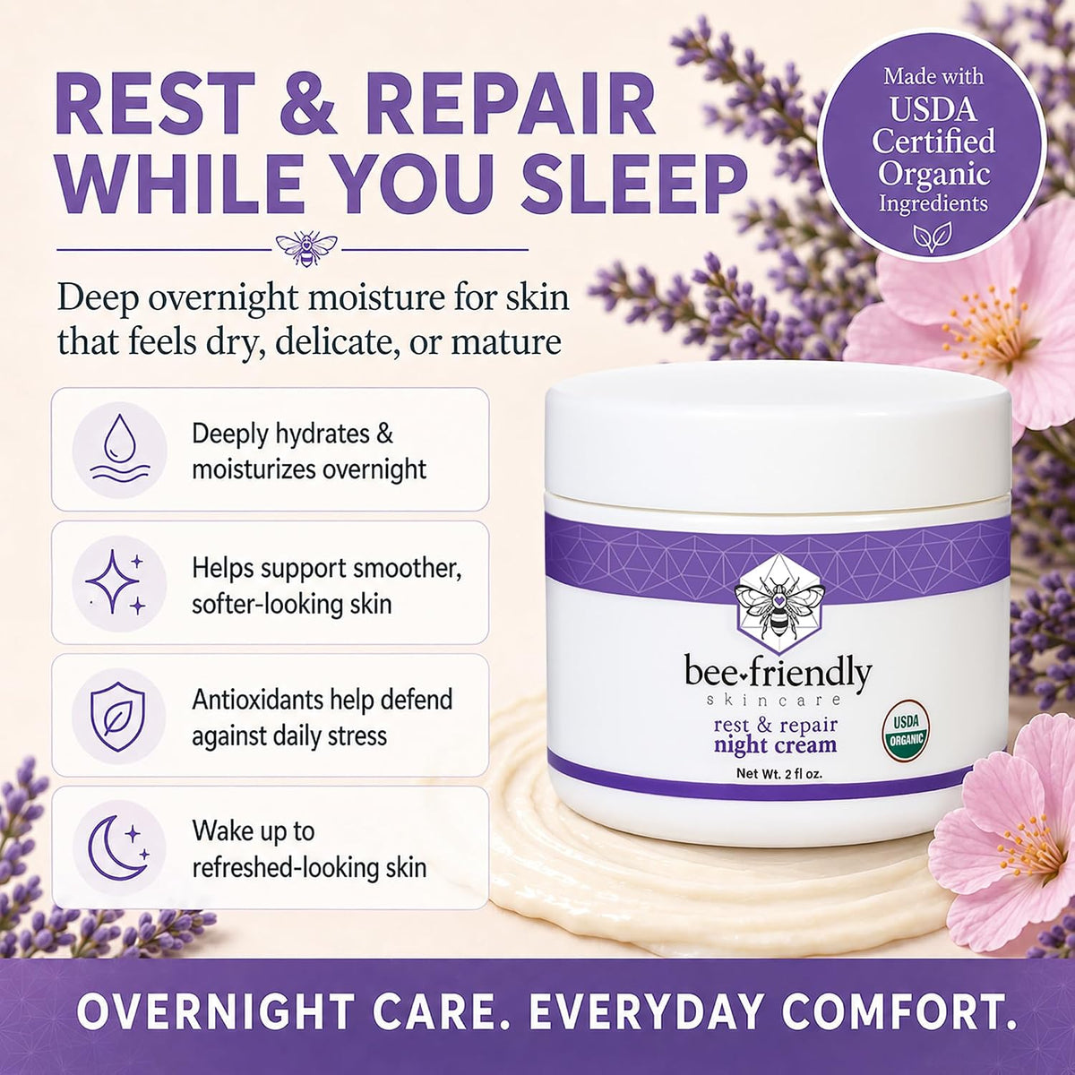 BeeFriendly Crema de noche orgánica, certificada por USDA, hidratan...