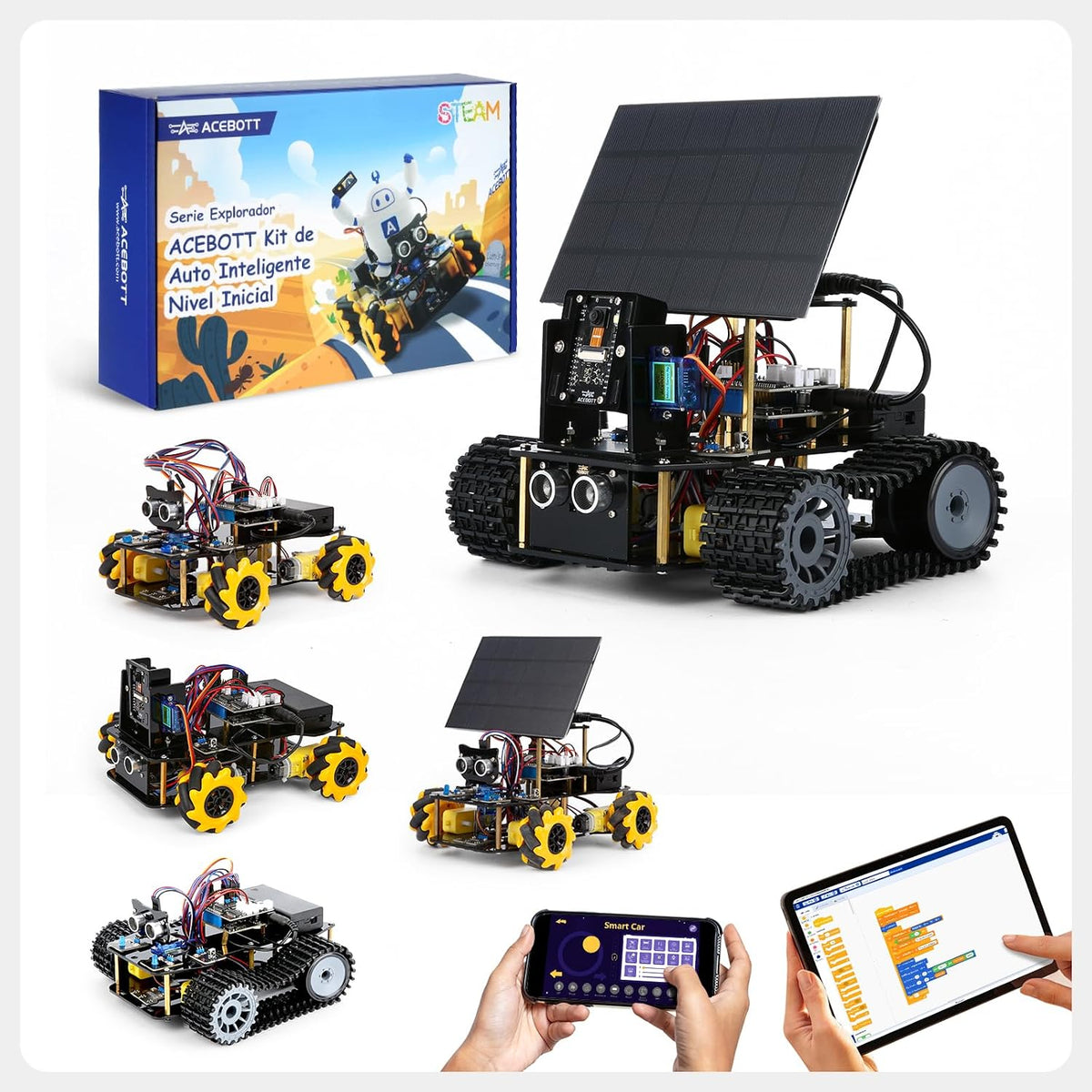 Kit de tanque de robot solar con cámara inteligente ESP32 5 en 1, kit de robótica de juguete STEM para niños de 8 a 16 años, aplicación y control remoto, automóvil 4WD con cámara de 3 MP, kit de codificación científica educativa Arduino, regalo para