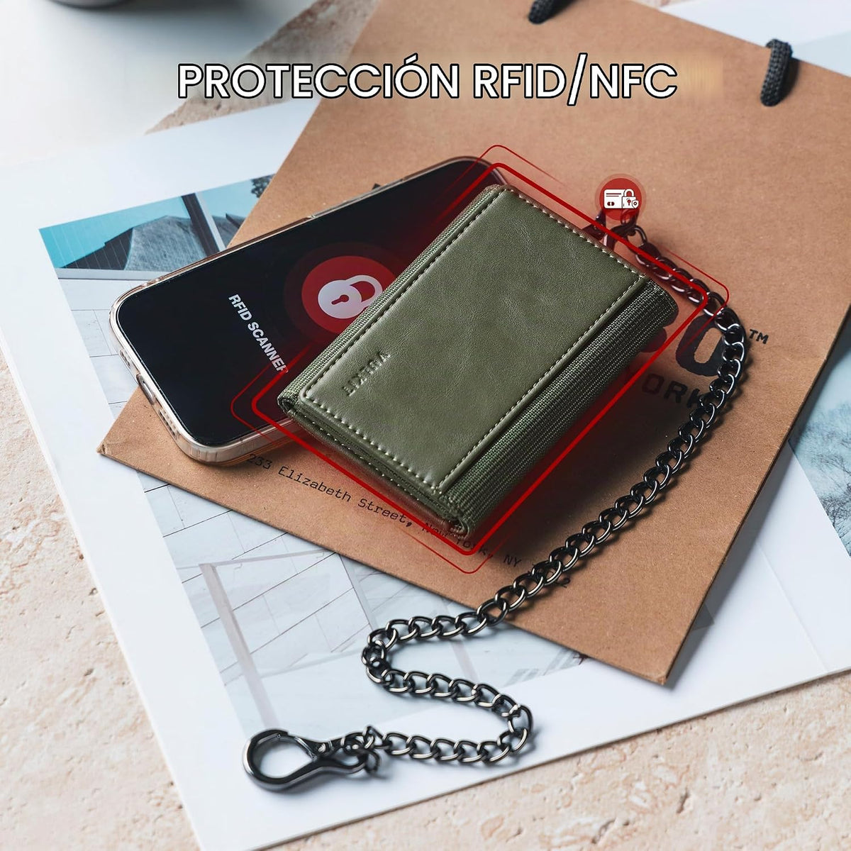 VULKIT Billetera para hombre con cadena antirrobo con bloqueo RFID, billetera triple plegable, diseño elegante, Verde militar, Cartera antirrobo
