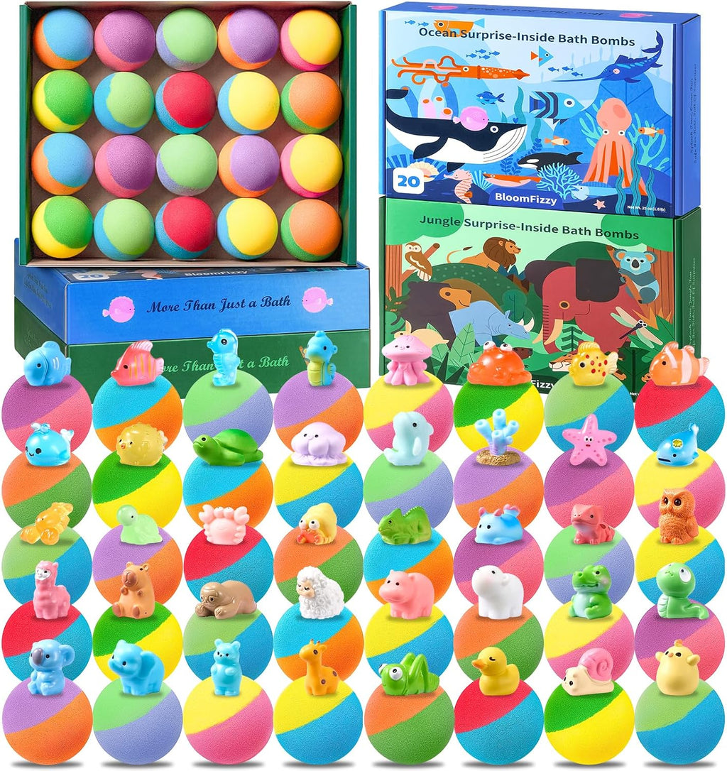 40 bombas de baño para niños con juguetes de animales del océano y la selva, cajas de regalo de doble temática