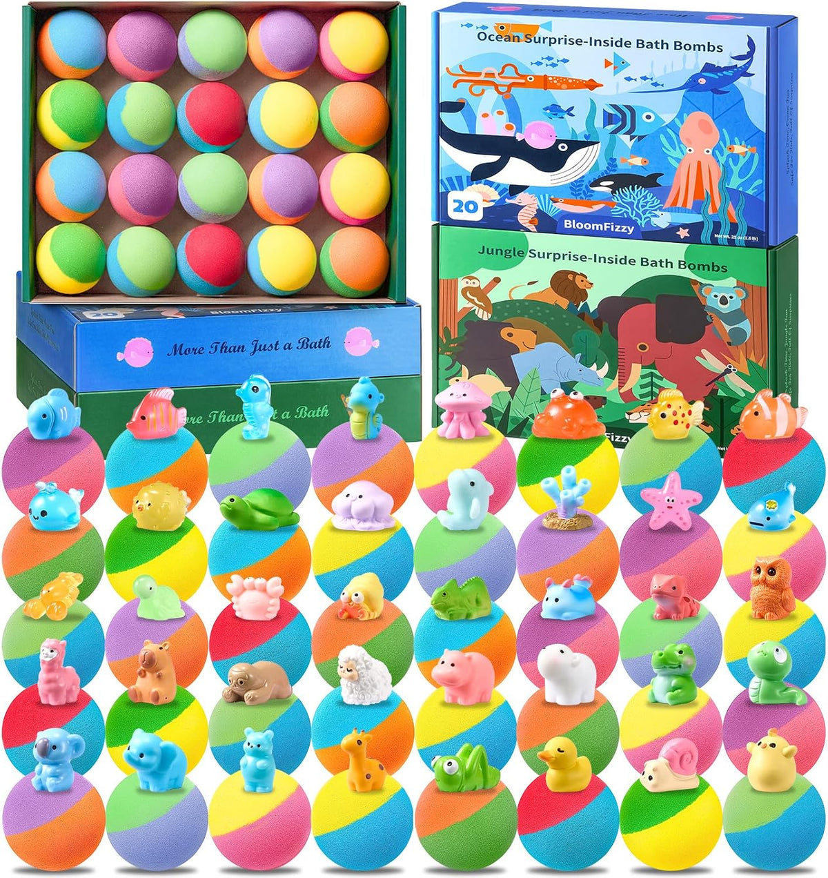 40 bombas de baño para niños con juguetes de animales del océano y la selva, cajas de regalo de doble temática