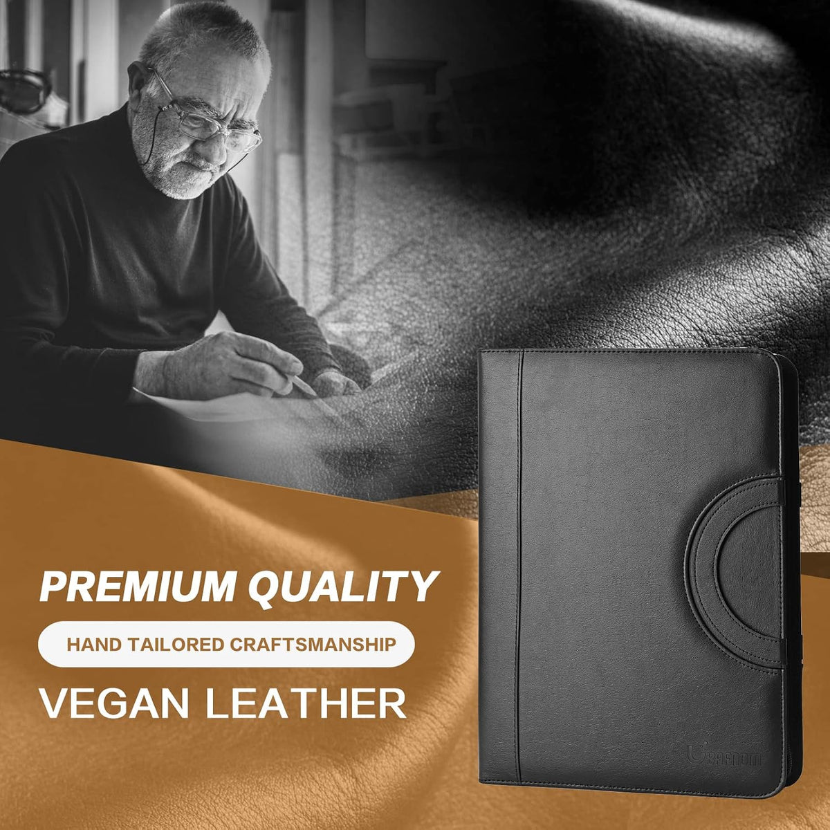 Padfolio - Carpeta de cartera de negocios de cuero vegano con calculadora - Portafolio con cremallera para mujeres y hombres