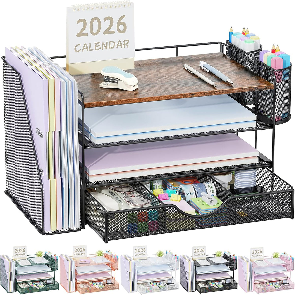 Lámpara gianotter Organizadores de escritorio y accesorios con soporte para archivadores, accesorios de escritorio de 4 niveles y organizadores de espacio de trabajo con cajón y 2 soportes para bolígrafos