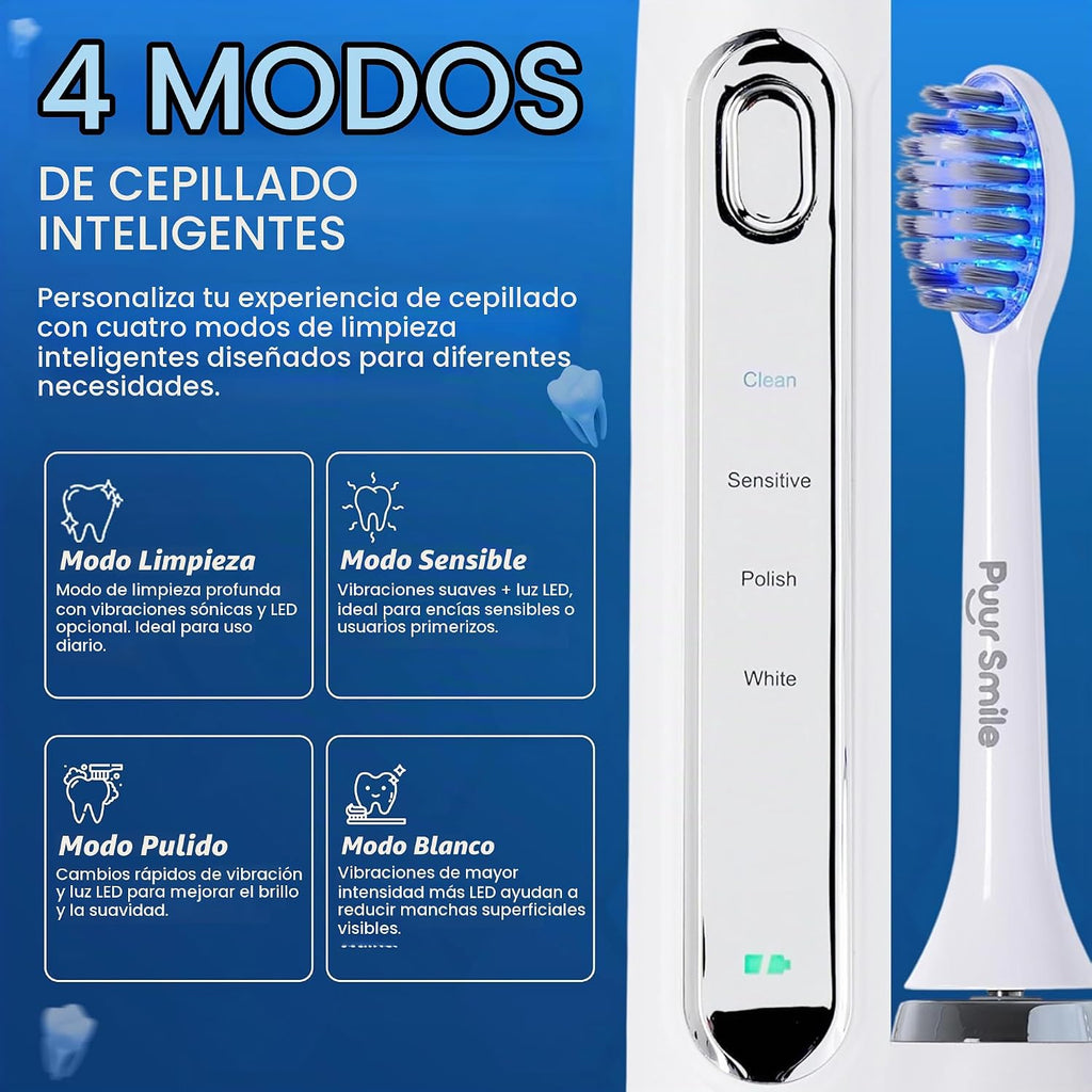 Puur Smile - Cepillo de dientes eléctrico de cerdas suaves, recargable con carga inalámbrica, 2 cabezales de cepillo (LED azul) para adultos, 4 modos de limpieza con temporizador inteligente, IPX7 impermeable, batería de larga duración