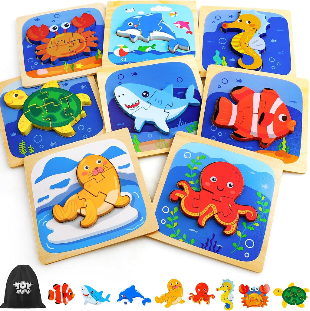 TOY Life - Rompecabezas de madera para niños pequeños de 2 a 4 años, rompecabezas de animales marinos para niños pequeños de 1 a 3 años, rompecabezas de madera, juguetes Montessori educativos, regalos