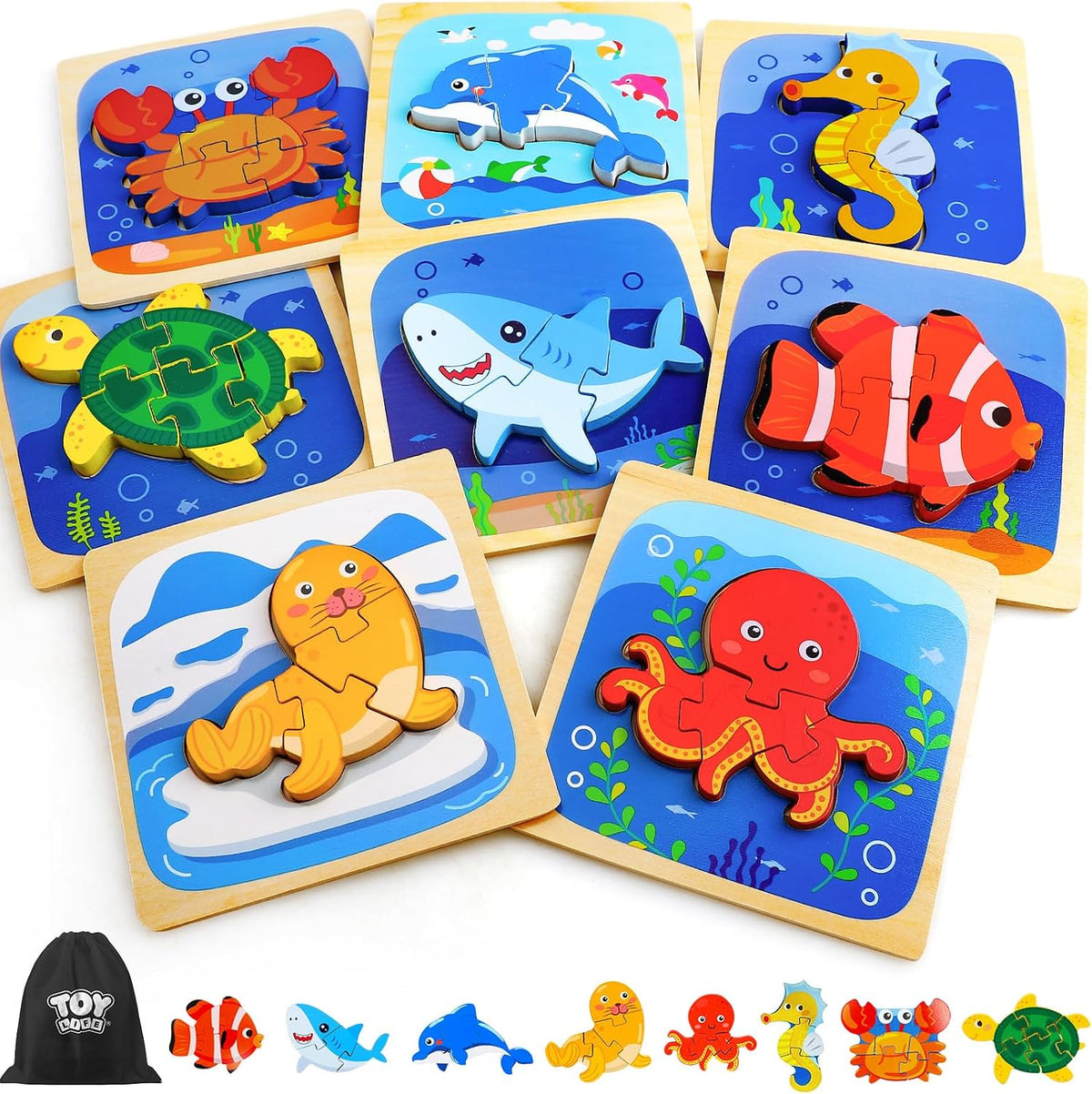 TOY Life - Rompecabezas de madera para niños pequeños de 2 a 4 años, rompecabezas de animales marinos para niños pequeños de 1 a 3 años, rompecabezas de madera, juguetes Montessori educativos, regalos