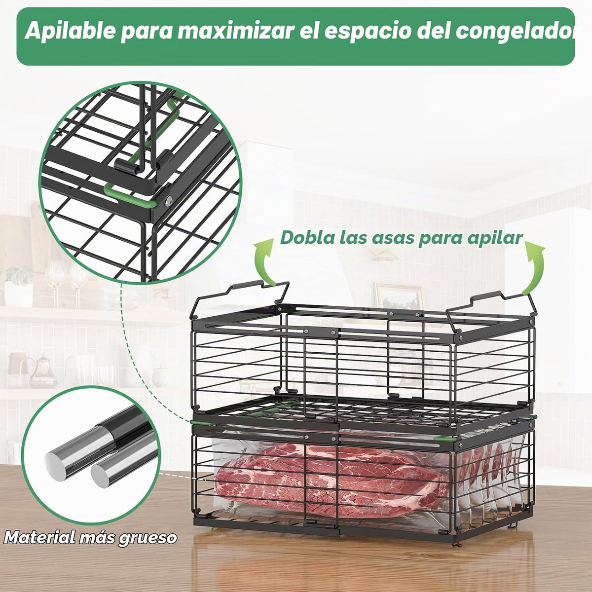 ADRIMER Contenedores organizadores para congelador, 4 paquetes plegables y apilables con longitud ajustable de 11 a 17.3 pulgadas, cestas de almacenamiento de alambre de metal para congelador vertical