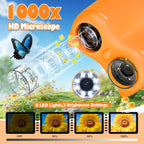 Microscopio y telescopio para niños 2 en 1, 1000X, pantalla de 2" IPS (amarillo)