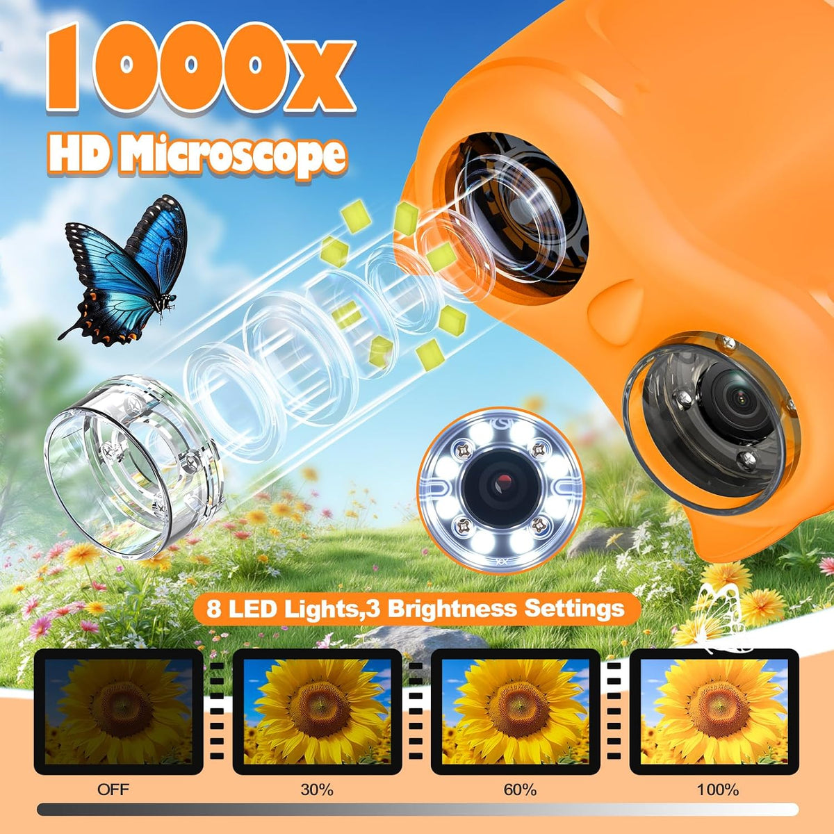 Microscopio y telescopio para niños 2 en 1, 1000X, pantalla de 2" IPS (amarillo)