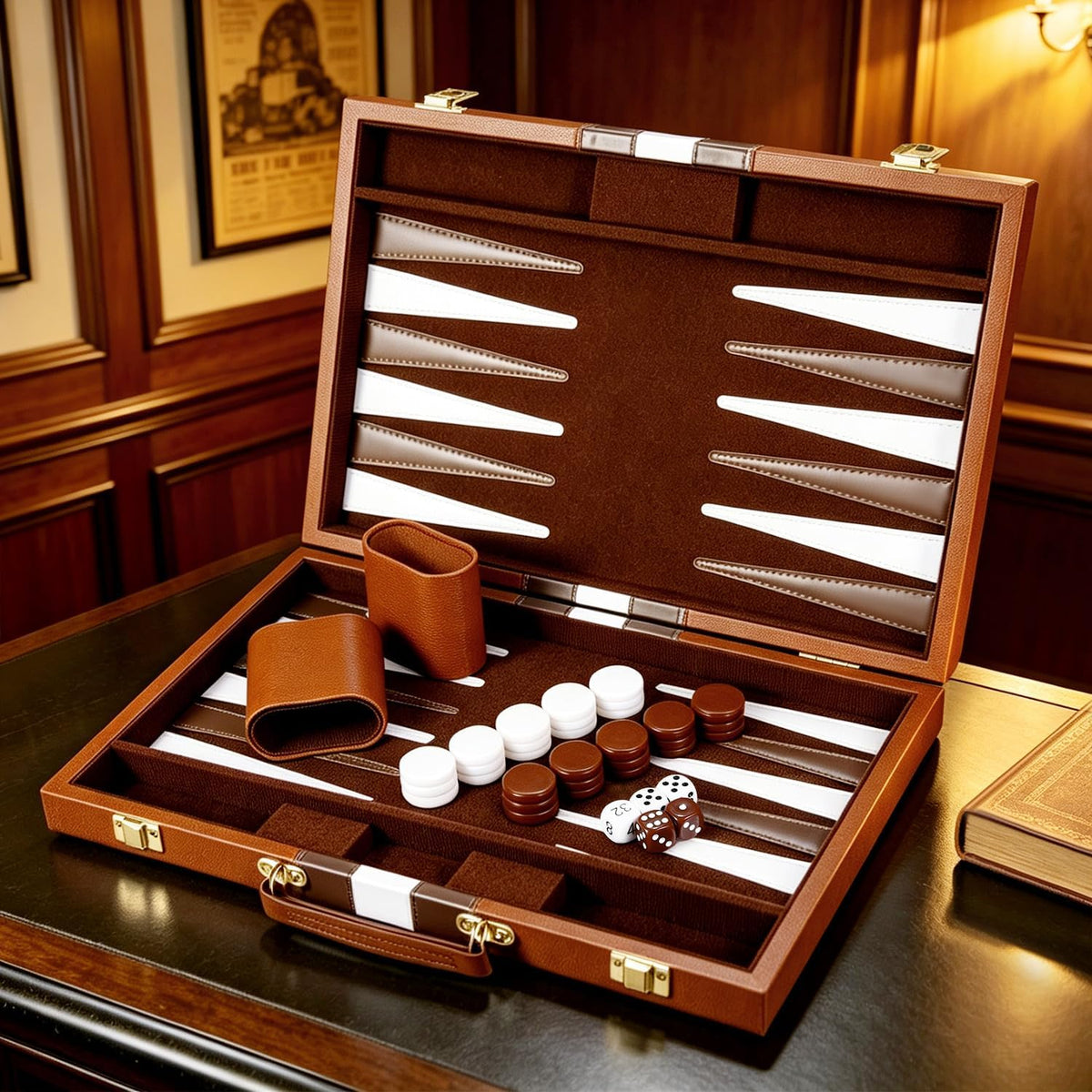 ARUOHHA Juegos clásicos de backgammon para adultos, funda de cuero de lujo, interior de fieltro, juego de backgammon portátil y de viaje, popular juego de mesa, marrón (15 pulgadas)