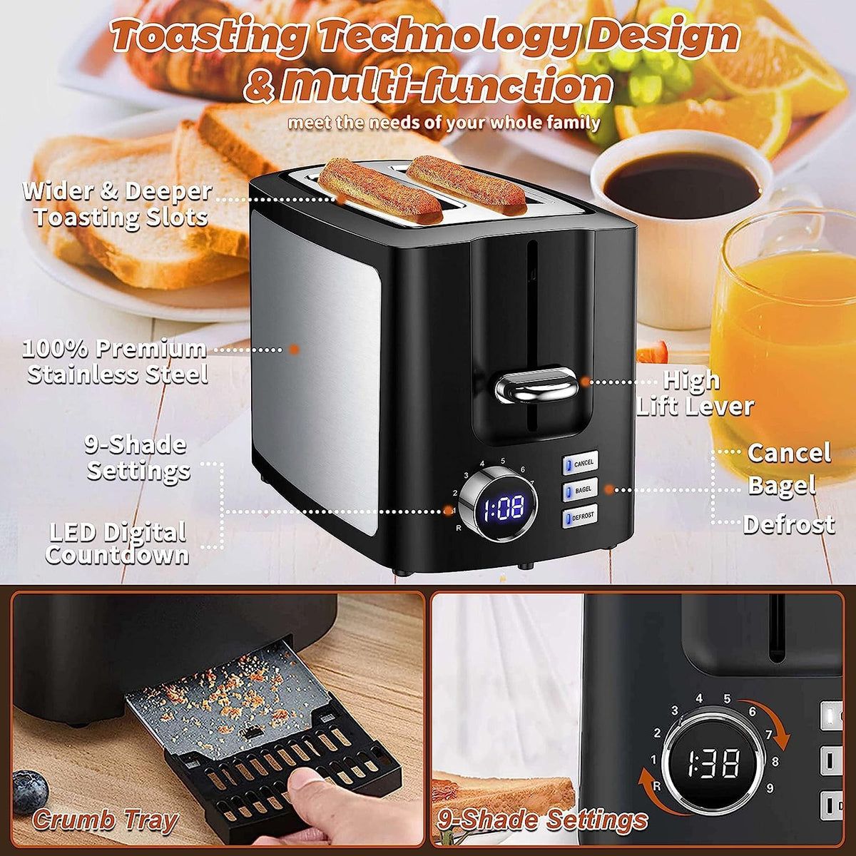 Tostadora de 2 rebanadas, tostadora negra Prime con pantalla LCD digital de cuenta regresiva para pantalla Tostadora inteligente de ranura ancha con bagel/función de descongelación/cancelación/recalentamiento y bandeja extraíble para migas