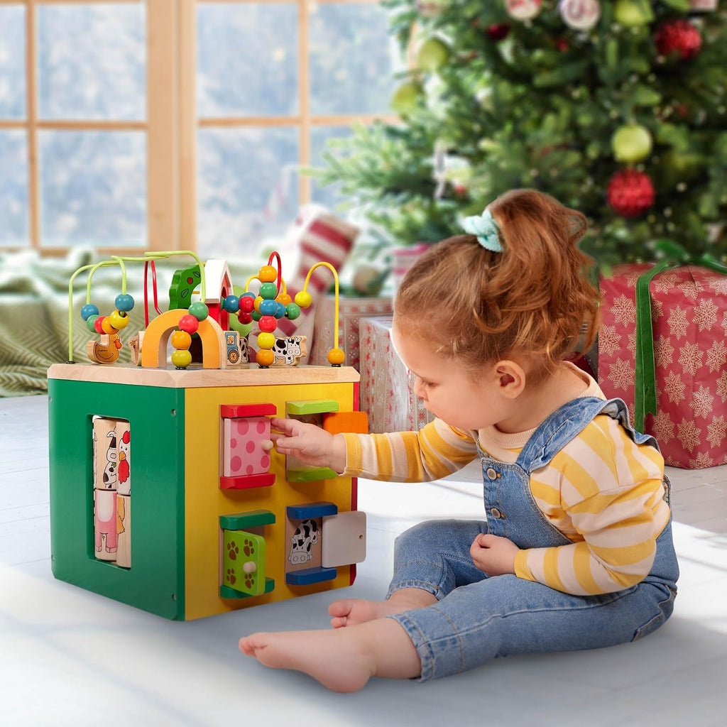 Battat Wooden Activity Cube - 5-Sided Play Center con Bead Maze, Doors