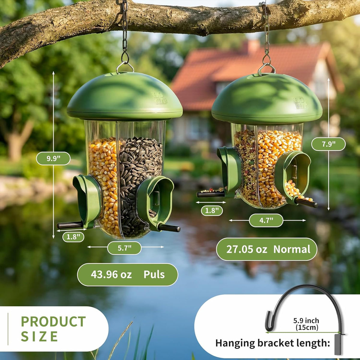 LONA - Comederos para pájaros para colgar en exteriores, 3 compartimentos separados, 3 puertos de alimentación, cúpula resistente a la intemperie y 3 formas de colgar, gran capacidad para cardenales
