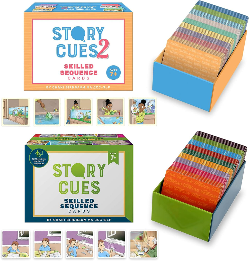 Story Cues and Story Cues - Paquete de 2 tarjetas de secuenciación de nivel superior, materiales de terapia del habla, juego de habilidades sociales, creación de oraciones y tarjetas con
