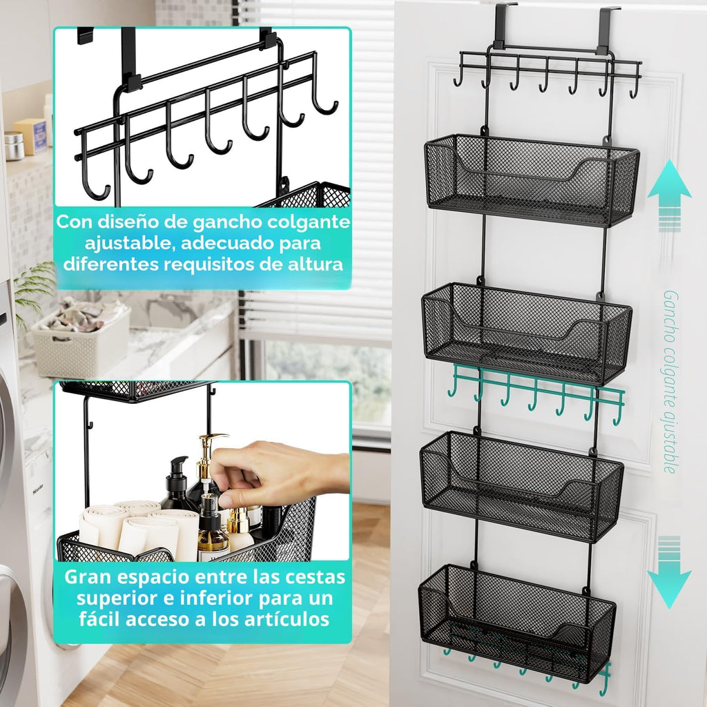 HapiRm Organizador Sobre la Puerta - Organizador de Puerta Colgante con 4 Canastas Metálicas de Gran Capacidad y Gancho Ajustable para Ropa para Baño Dormitorio Cocina Despensa Armario de Cocina