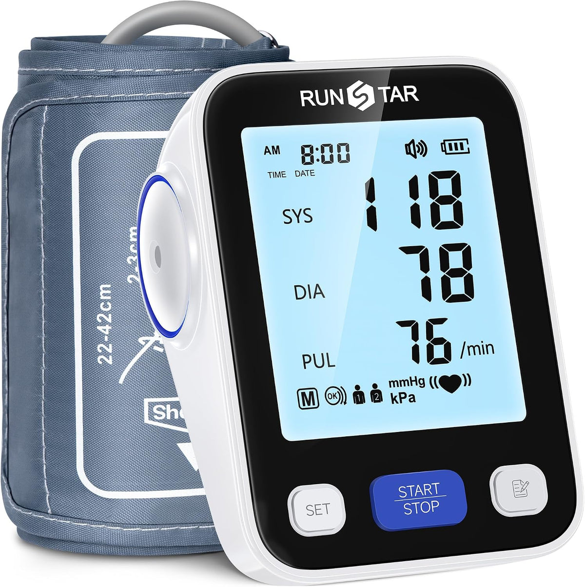 Runstar - Monitor de presión arterial para la parte superior del brazo con puño de amplio rango (8.6 a 16.5 pulgadas) para uso doméstico, apto para FSA y HSA, máquina digital automática de BP con