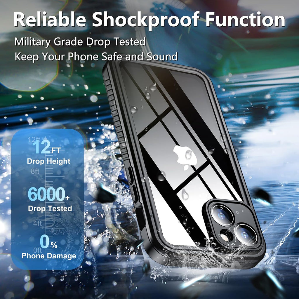 SPIDERCASE Funda impermeable para iPhone 15, lente y protector de pantalla integrados, protección de alta resistencia, 12 pies, funda militar a prueba de golpes, a prueba de polvo, color negro