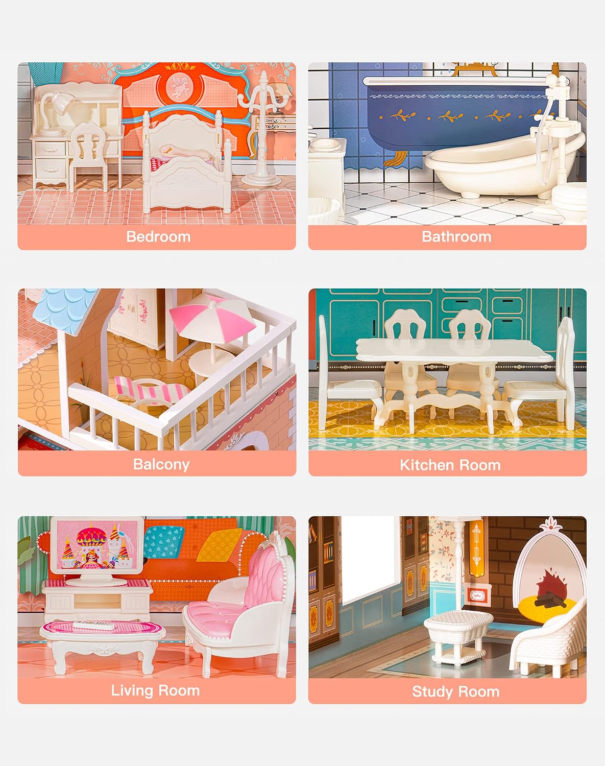 Lámpara ROBOTIME Casa de muñecas de madera para niños de 3, 4, 5, 6 años, casa de muñecas con 28 muebles de plástico, para muñecas de 3.3 pulgadas, regalos de cumpleaños para niños pequeños de 3 años en