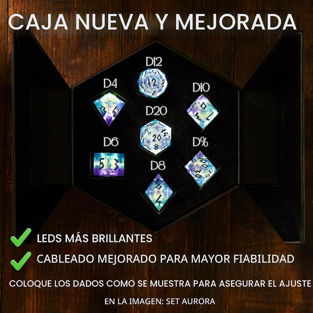HEIMDALLR Juego de dados de núcleo líquido con la primera caja de visualización LED - Juego de 7 dados DND de borde afilado pintado a mano con caja de regalo - Juego de dados de resina de Dungeons and