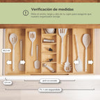Organizador de cajones de cocina ajustable para utensilios y basura, expandible a 28 pulgadas de ancho, 9 compartimentos, 100% bambú