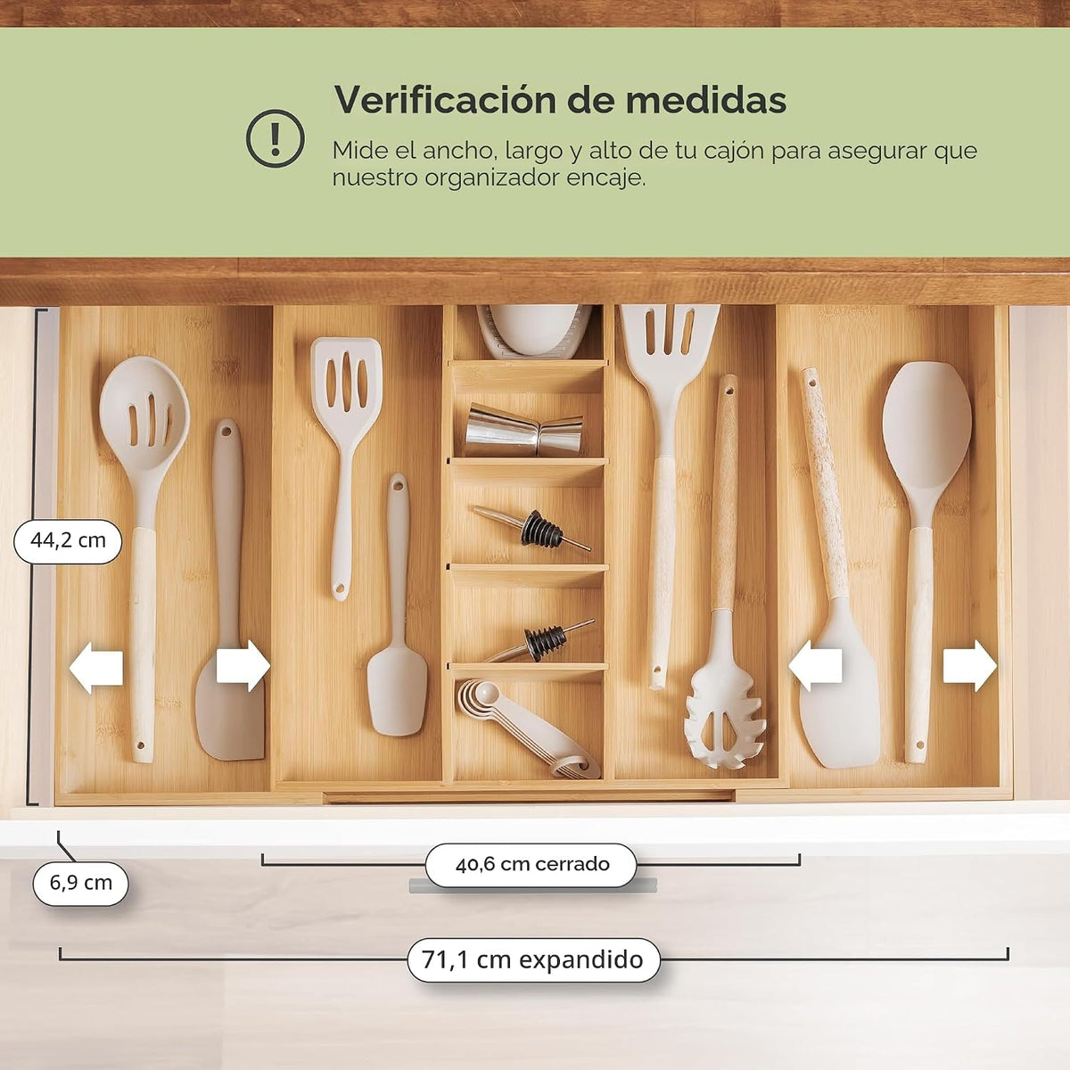 Organizador de cajones de cocina ajustable para utensilios y basura, expandible a 28 pulgadas de ancho, 9 compartimentos, 100% bambú