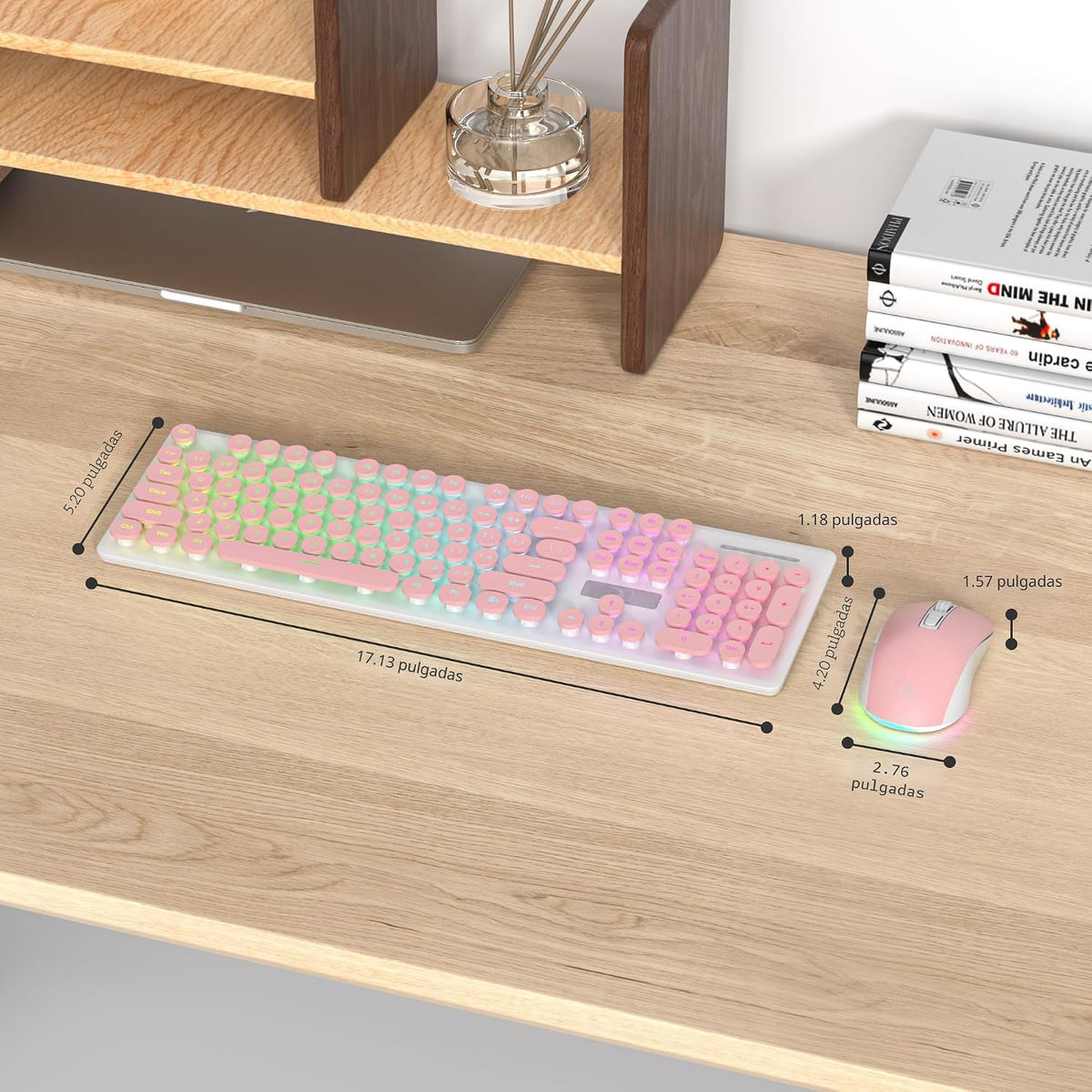 Vumilstek Teclado y mouse rosa retroiluminado, máquina de escribir...