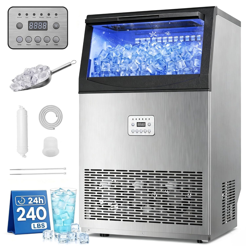 Uthfy Máquina de hielo comercial de 240 libras/24 horas, máquina de hielo debajo de la encimera, 96 cubos de hielo en 14 minutos, almacenamiento de 50 libras, filtro de agua y autolimpieza, máquina de