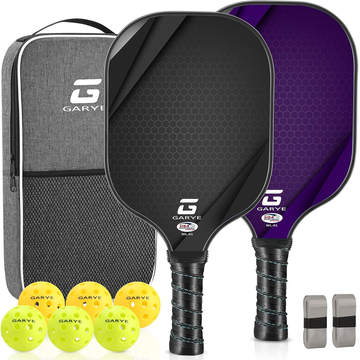 GARYE Juego de 2/4 palas de pickleball aprobadas por USAPA, juego de pickleball de fibra de carbono, raquetas ligeras de pickleball, paquete de 2/4 con 6 bolas, 1 bolsa, par de cintas de agarre