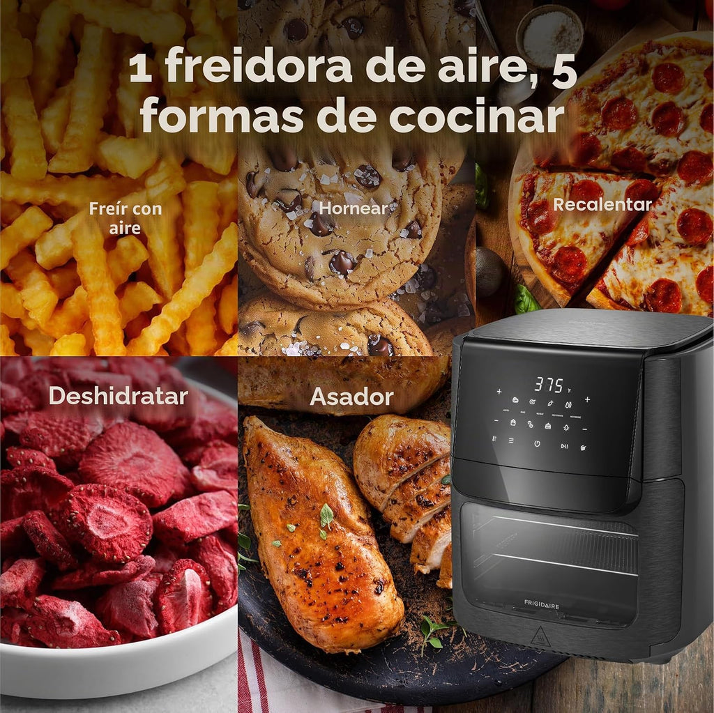Frigidaire Horno combinado de freidora de aire 5 en 1 con ventana de visualización, gran capacidad de 12.6 QT, pantalla digital, 5 modos de cocción, 7 ajustes preestablecidos de recetas, recordatorio
