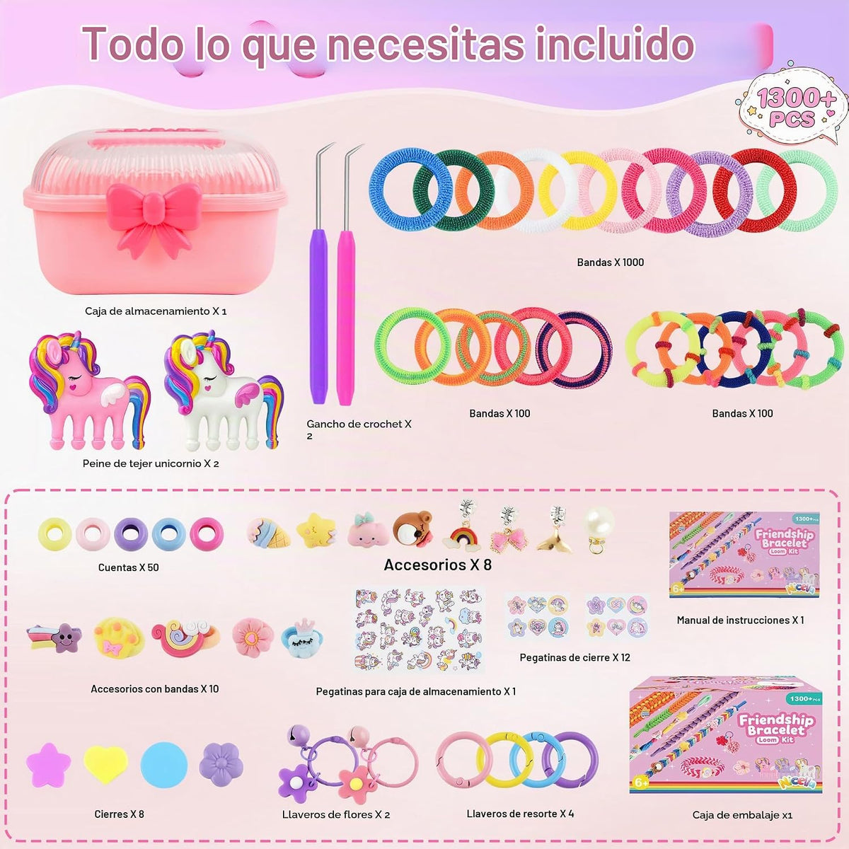 Kit de fabricación de pulseras para niñas de 8 a 12 años, más de 1200 pulseras de la amistad, kit de telar para niños, juguetes de bricolaje, artes y manualidades para niños con 2 herramientas de
