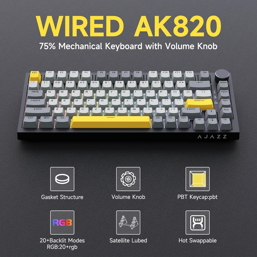 Ajazz AK820 75% Teclado mecánico para juegos con junta de cableado...