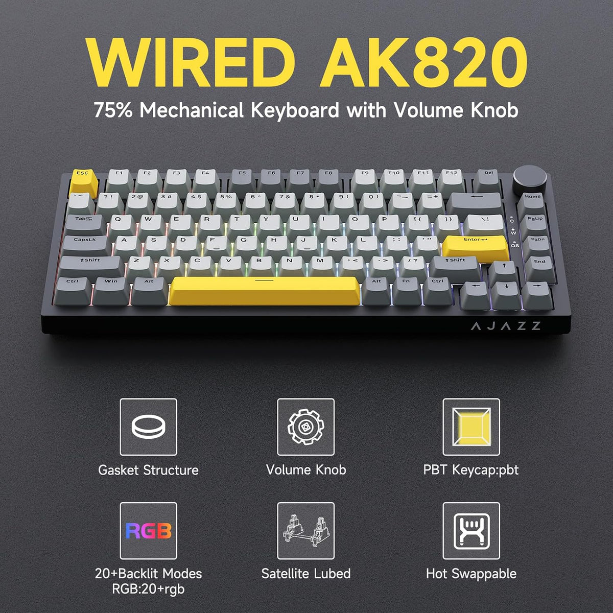 Ajazz AK820 75% Teclado mecánico para juegos con junta de cableado...
