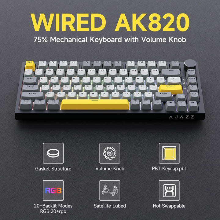 Ajazz AK820 75% Teclado mecánico para juegos con junta de cableado...