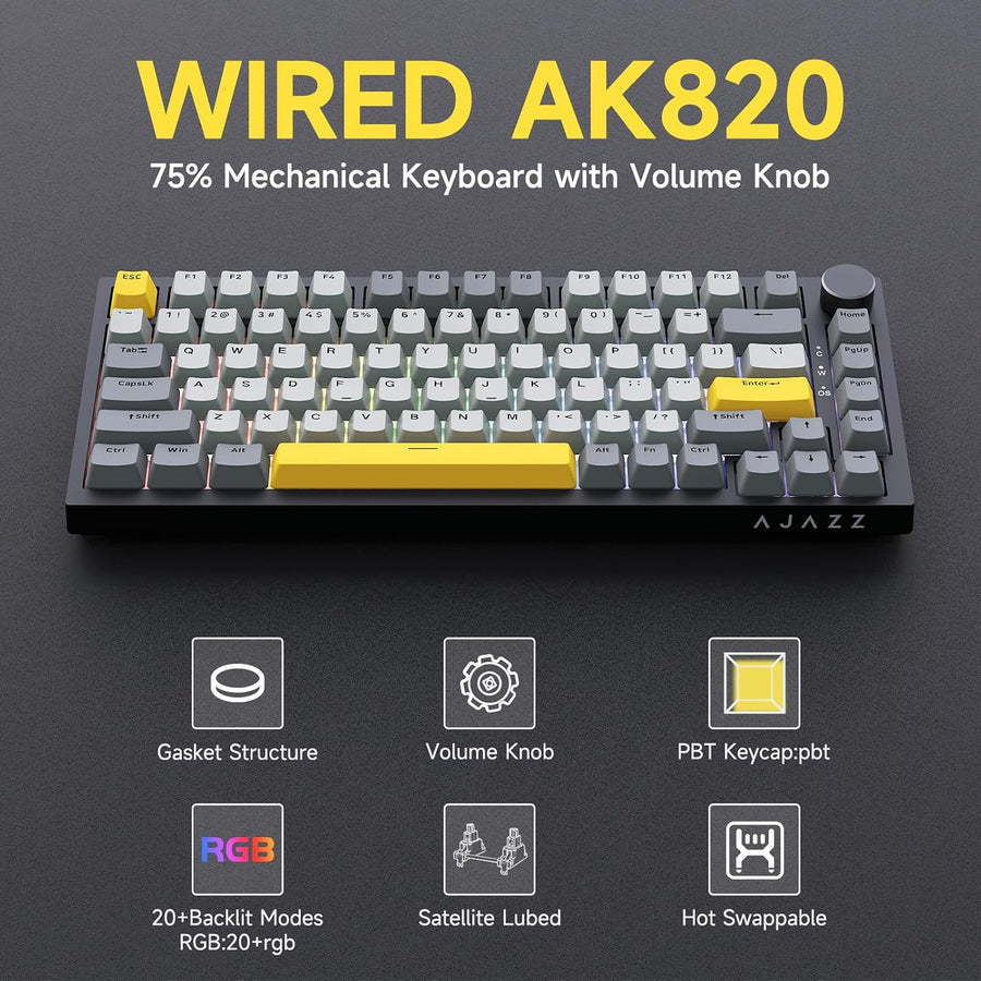 Ajazz AK820 75% Teclado mecánico para juegos con junta de cableado...