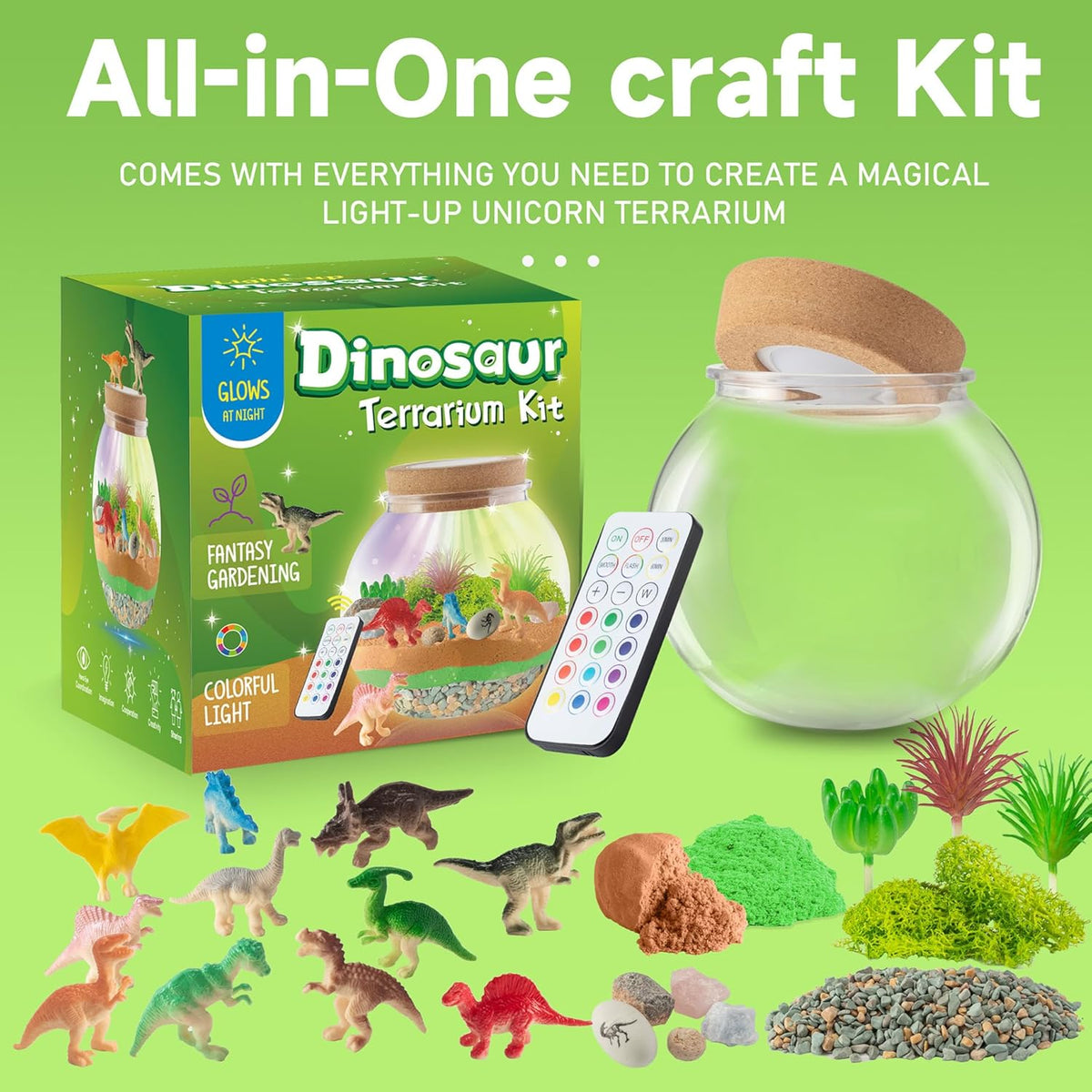 JOYEEMAX Kit de terrario iluminado de dinosaurio para niños, luz nocturna LED, regalo de cumpleaños para niños de 4, 5, 6, 7, 8 a 12 años, juguetes de dinosaurio para niños, kit de manualidades y manualidades para niños